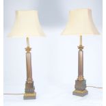PAIR OF MODERN GILT AND BRONZED METAL LARGE TABLE LAMPS with fluted columns and square bases and the