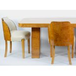 ART DECO BIRDS EYE MAPLE AND BURR WALNUT DINING TABLE AND SET OF SIX CHAIRS, THE TABLE of rounded