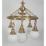 CLASSICAL STYLE FOUR LIGHT ELECTROLIER, the reeded circular fitting pendant with four opaque white