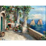 S. RIM...... (20th Century) OIL PAINTING ON CANVAS Balcony scene with canopy and sea landscape 7 1/