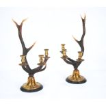 A PAIR OF MODERN BRASS MOUNTED BUCK HORN THREE LIGHT CANDELABRUM, made up of pieces, 23" (58.5cm)