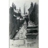 •HAROLD RILEY (b.1934) ARTIST SIGNED PRINT OF A CHARCOAL DRAWING  'Back Alley, Beehive Terrace'