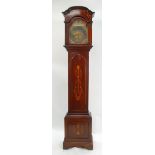 EDWARDIAN MAHOGANY AND MARQUETRY INLAID LONGCASE CLOCK, the 11 1/2" Arabic dial with silvered