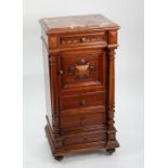 CONTINENTAL CARVED WALNUT WOOD BEDSIDE CUPBOARD with marble inlet top, frieze drawer over cupboard