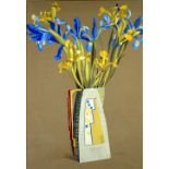 NANCY PICKUP GOUACHE DRAWING ON BUFF PAPER Still Life - Art deco pottery jug of irises Signed 21"