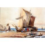 UNATTRIBUTED, NINETEENTH CENTURY ENGLISH SCHOOL WATERCOLOUR DRAWING  Beach scene with drawn up