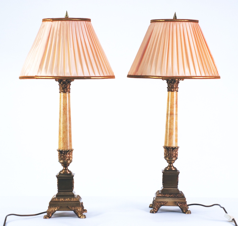 PAIR CLASSICAL STYLE GILT METAL AND SIMULATED MARBLE COLUMNAR TABLE LAMPS with Corinthian