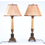 PAIR CLASSICAL STYLE GILT METAL AND SIMULATED MARBLE COLUMNAR TABLE LAMPS with Corinthian