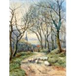 THOMAS GROVES WATERCOLOUR DRAWING Wooded landscape with sheep on a lane Signed and dated (18)83 12