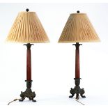 PAIR LARGE REGENCY STYLE BRONZED METAL AND OAK TALL TABLE LAMPS, the tri form base with lions paw