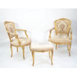 PAIR FRENCH LOUIS XV STYLE GILT WOOD OPEN ARM CHAIRS with floral tapestry fabric back panel, arm