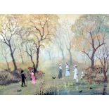 HELEN BRADLEY Artist signed colour print Figures in a park Signed in pencil & with blind stamp 12" x