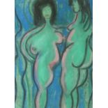 •JOHN THOMPSON (1924-2011) PASTEL DRAWING Two standing female nudes on blue/green background