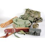 APPROX FIFTEEN VARIOUS MILITARY BELTS AND HOLSTERS, including leather examples, TWO BACKPACKS, TWO