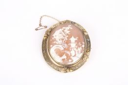 A Victorian carved shell cameo brooch, with gold plated engraved mount, with applied acorns, the