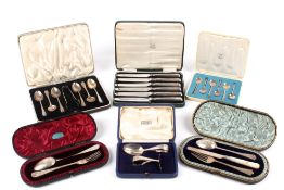 A collection of boxed silver flatware, dates from 1890, hallmarks for London, Sheffield and