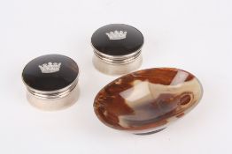 A pair of George V tortoiseshell and silver pots, hallmarked Birmingham 1920 and inset with a silver