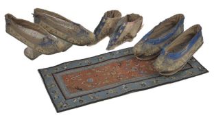 Three pairs of late 19th century Chinese shoes, together with a silk Chinese rectangular textile