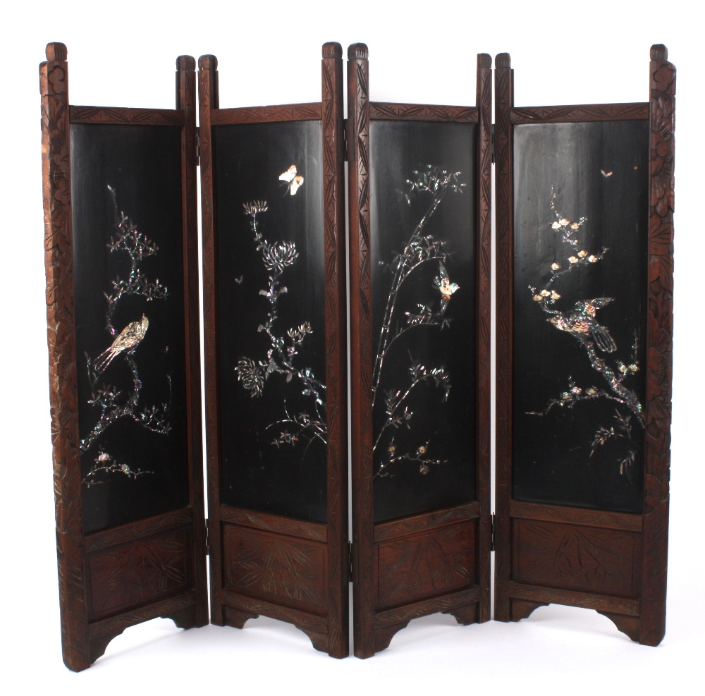 A small early 20th century Japanese Shibyama four fold table screen, each panel inlaid with birds - Image 2 of 3