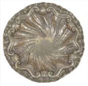 A continental white metal bon-bon dish, marked 800, with embossed scroll pattern . Tarnished and