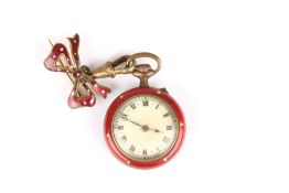 An early 20th century red enamel fob watch, with ribbon clasp mount, the fob watch with red enamel