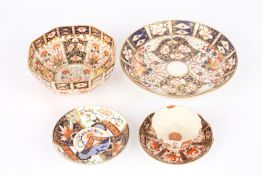 Four pieces of Royal Crown Derby Japan pattern, including an octagonal bowl, a deep dish, two