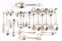 An assortment of Georgian and Victorian spoons, comprising four small Victorian mustard spoons