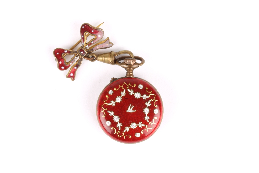 An early 20th century red enamel fob watch, with ribbon clasp mount, the fob watch with red enamel - Image 2 of 2