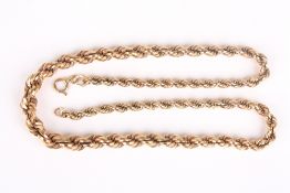 A graduated 9ct yellow gold rope twist chain necklace, the clasp stamped 9ct. 44cm long. 17.5