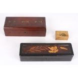 A Victorian mahogany money box, together with a Japanese lacquer glove box and a small painted