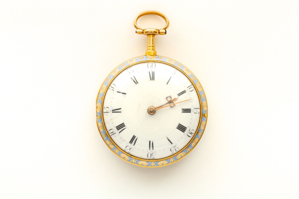 An 18K gold Vulliamy of London open face enamel pocket watch, the white enamel dial with black roman