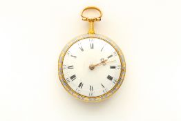 An 18K gold Vulliamy of London open face enamel pocket watch, the white enamel dial with black roman