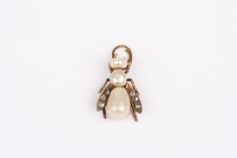 A baroque pearl and diamond bee pendant, early 20th century, the head body and abdomen formed from