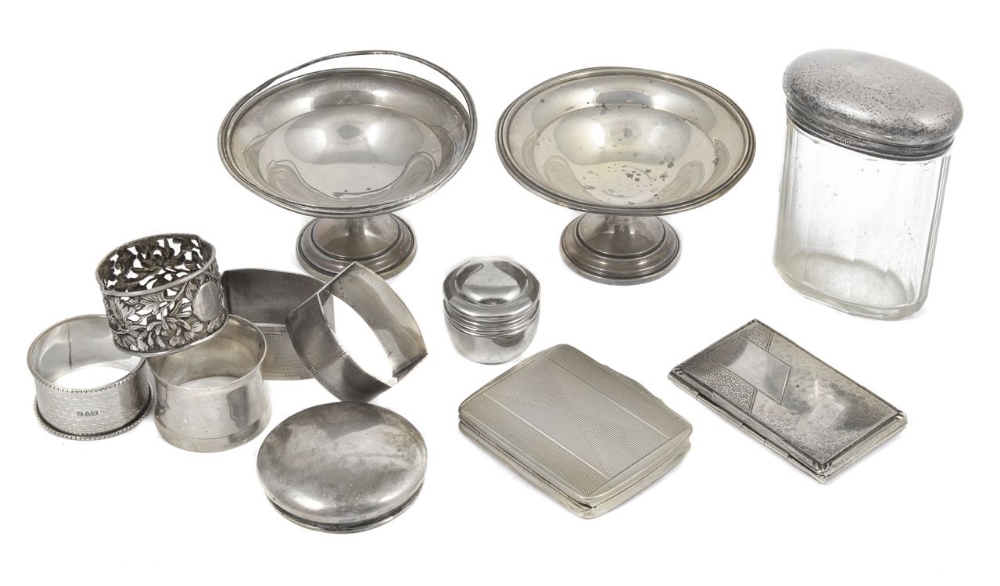 A collection of assorted silver and plated items, comprising a pair of sweetmeat dishes London 1914,