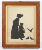 A large Victorian silhouette picture of a mother and child feeding the birds, together with an early