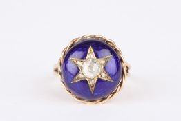 A Victorian 9ct gold, blue enamel and diamond ring, set with a large central rose cut diamond set in