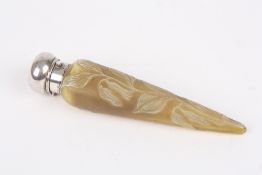 A teardrop shaped cameo glass and silver perfume bottle, the tapered glass bottle etched with