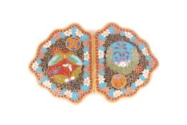 A fine Japanese Cloisonné belt buckle, early 20th century, decorated with flowers and butterflies,