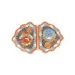 A fine Japanese Cloisonné belt buckle, early 20th century, decorated with flowers and butterflies,