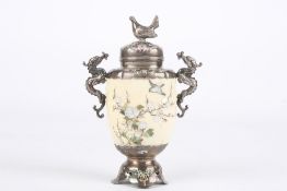 A silver-mounted ivory Shibayama-inlaid vase and cover, Meiji period, the ivory finely decorated and