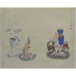 A framed Japanese woodblock on fabric, with seated figures, and character marks, framed, 32 x 41cm .