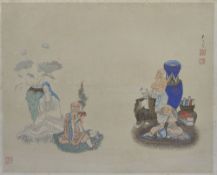 A framed Japanese woodblock on fabric, with seated figures, and character marks, framed, 32 x 41cm .