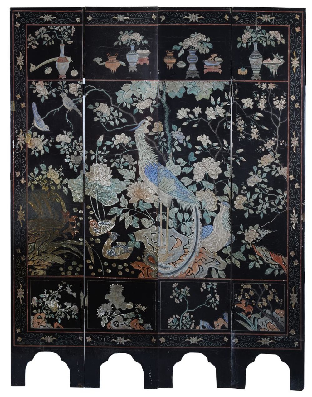 An early 20th century Chinese screen, with four carved and painted panels depicting images of