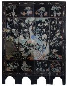 An early 20th century Chinese screen, with four carved and painted panels depicting images of
