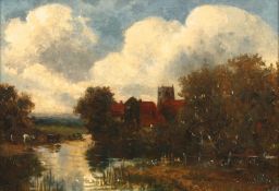 19th century English school, a peaceful country evening scene with cattle drinking from a lake