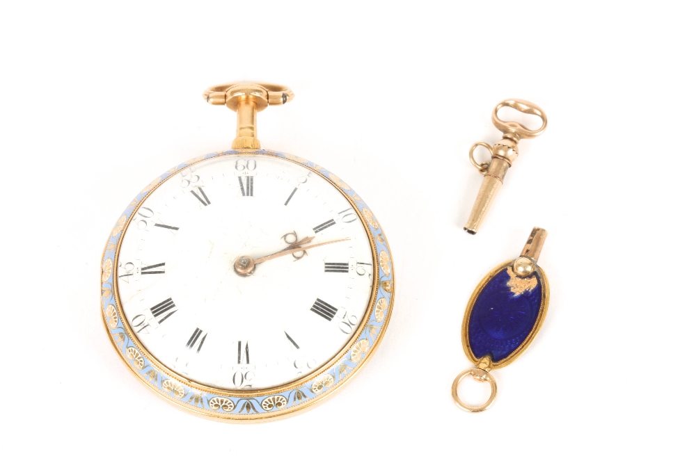 An 18K gold Vulliamy of London open face enamel pocket watch, the white enamel dial with black roman - Image 3 of 4