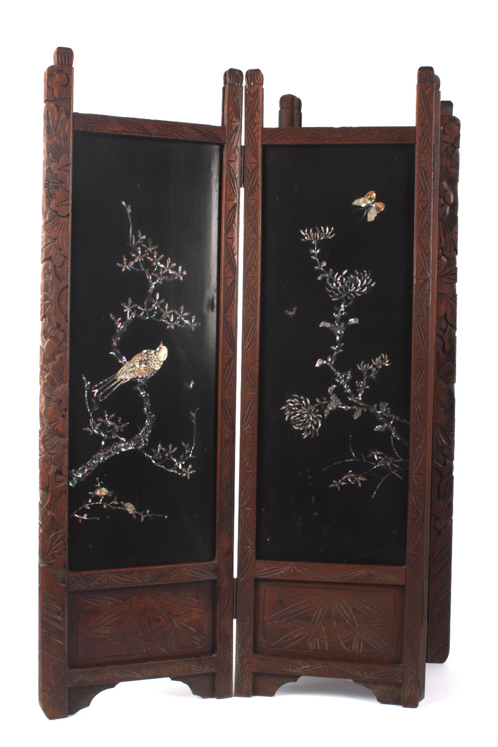 A small early 20th century Japanese Shibyama four fold table screen, each panel inlaid with birds - Image 3 of 3