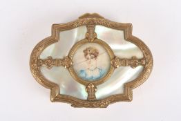 A ladies Regency mother-of-pearl and gilt metal trinket box, the lid with inlaid painted portrait on