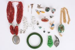 A collection of costume jewellery, including coral coloured beaded necklace, three assorted dress