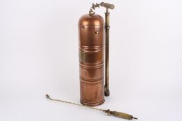 An early 20th century French Muratori of Paris copper pump action garden sprayer, with hose